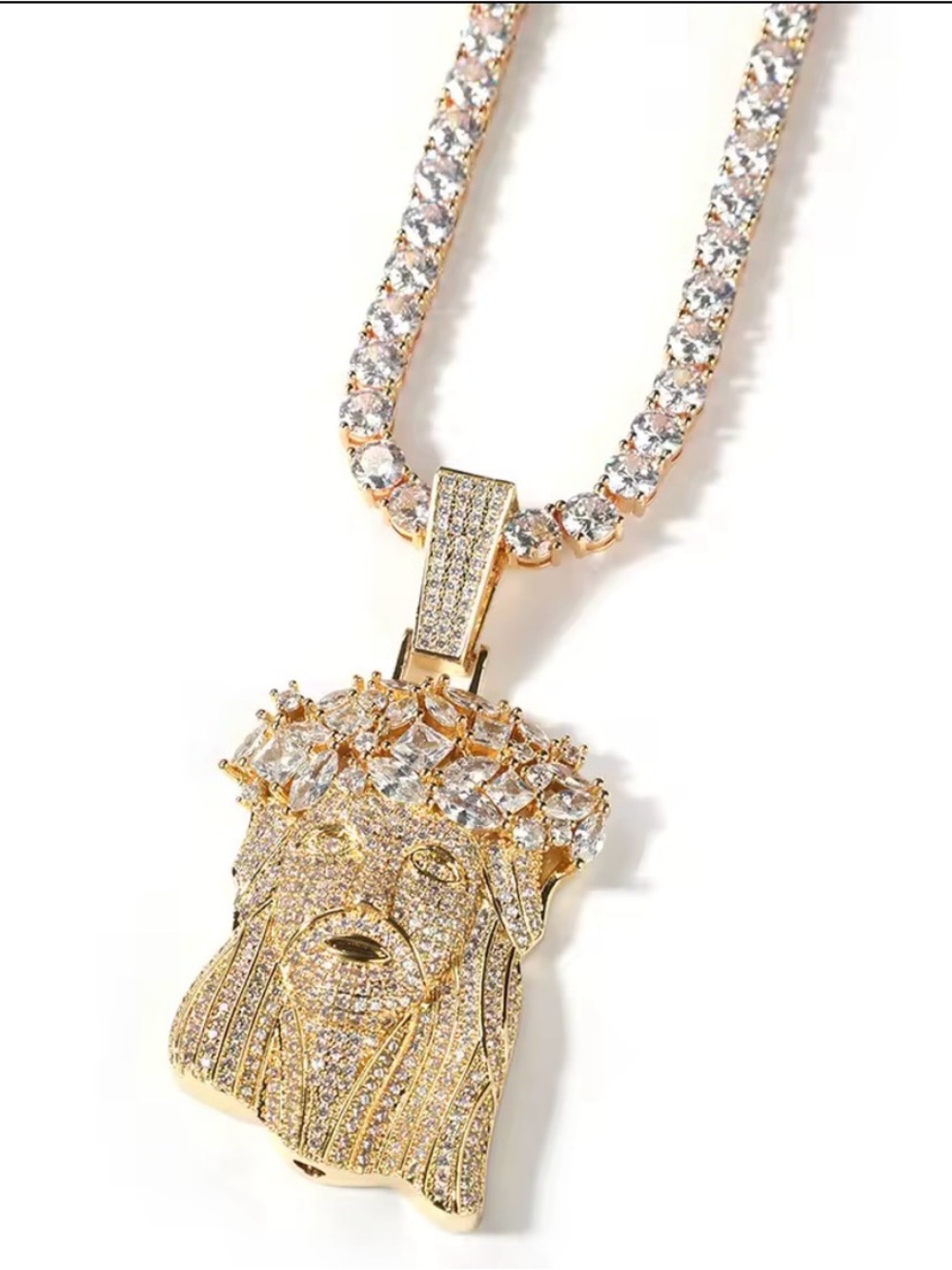 Gold Crystal Jesus Head Pendant and tennis Necklace 20inch - men Jewelry